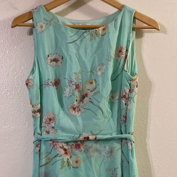 EUC Sandra Darren Pink Floral Print Ruffle High Low Mint Midi Dress - Picture 4 of 8